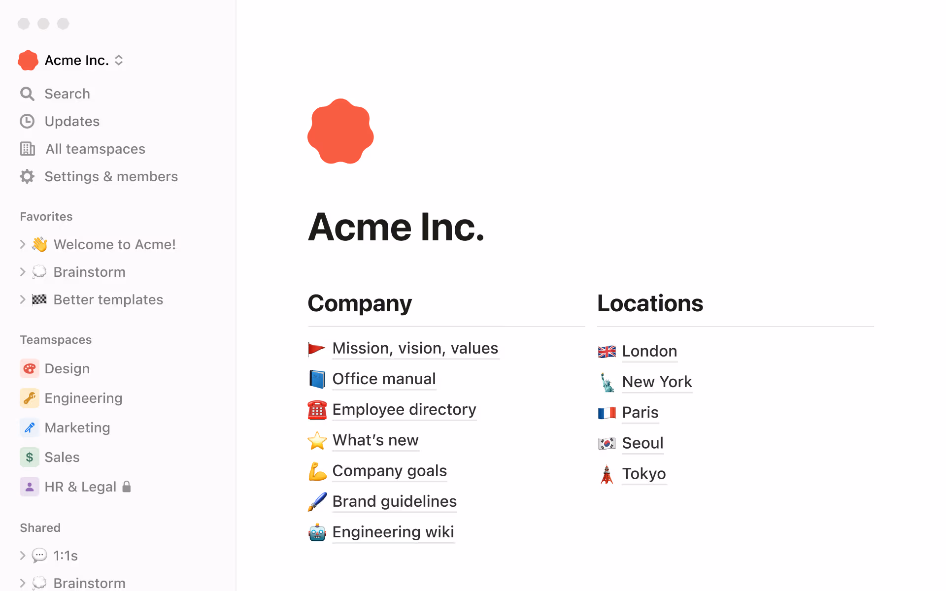 A screenshot of a Notion workspace showing a company's home
